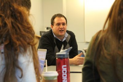 Gustavo Nanclares, department head in Literatures, Cultures, and Languages, teaches a graduate class in November 2015. The class was about the film The Spanish Earth, a 1937 propaganda film made during the Spanish Civil War.